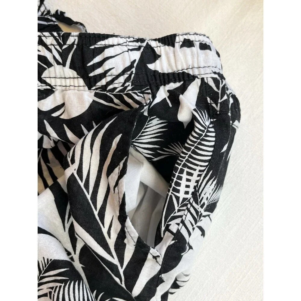 Serra‎ Linen Blend Pants Women’s Sz XL Tropical Print Black White Pull On Crop